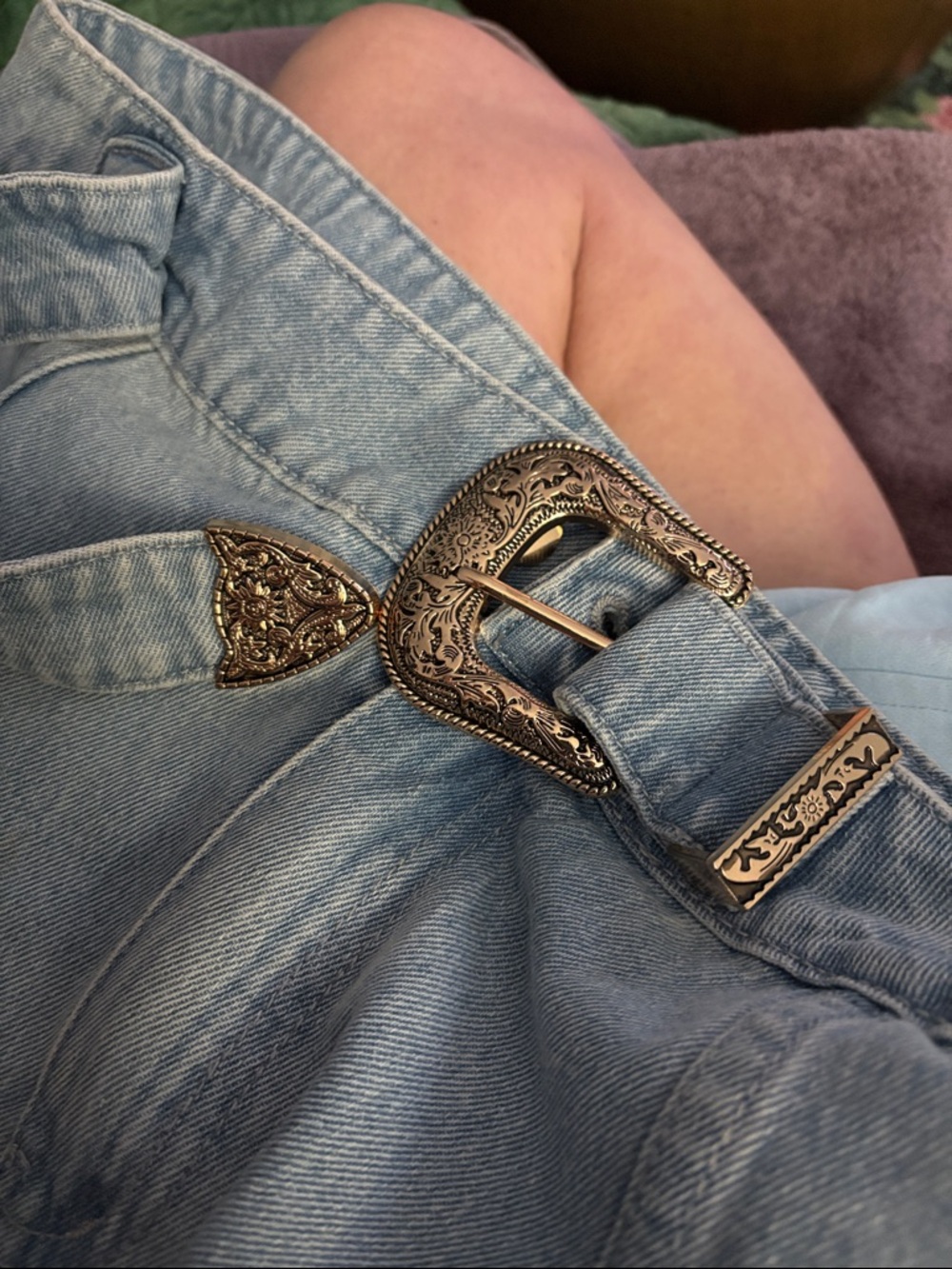 VICI Buckle Up western Denim Mini Skirt with belt - Washed Denim, M - Picture 6 of 8